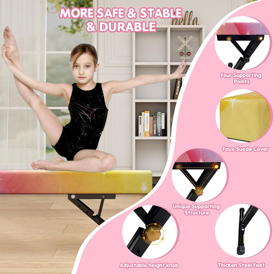 Dripex Adjustable Gymnastic Balance Beam 244cm, Kids Training Equipment | Height Adjustable, Soft Material, Non-Slip, Comfortable, Stable, Safe, Ideal for Home Gym, Practice and Training