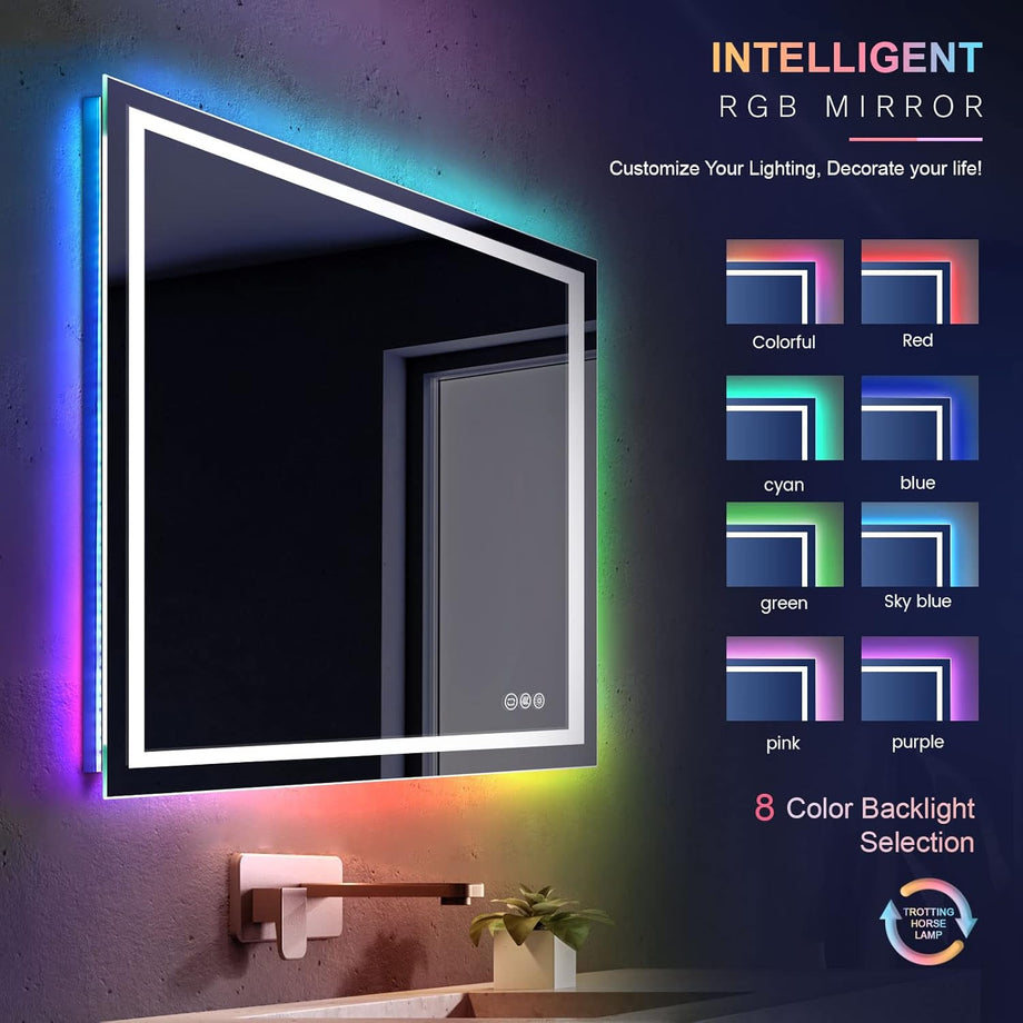 Dripex RGB Bathroom Mirror with 3 LED Lights, Illuminated Bathroom Mirrors Vanity Mirror RGB Backlit + Front Lighted, Dimmable and Demister Pad, Horizontal/Vertical