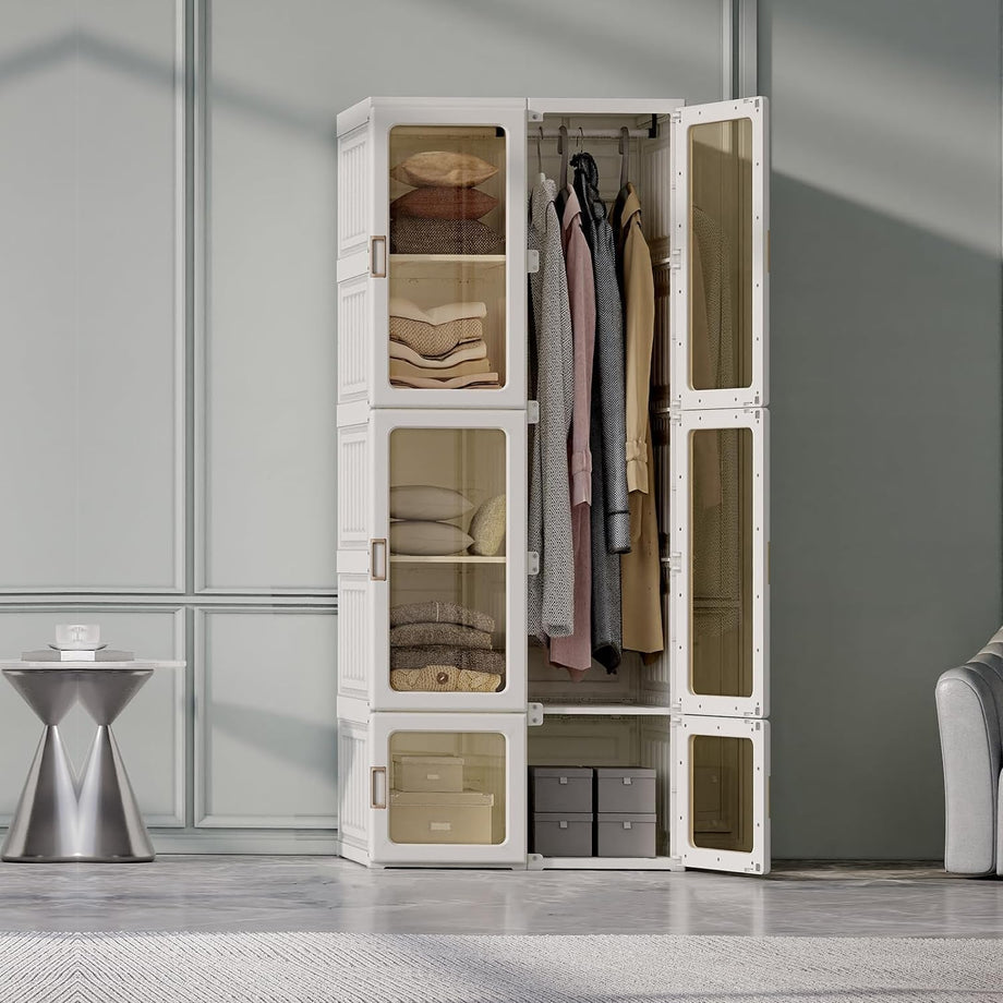 Dripex Portable Wardrobe Closet Storage Organizer Transparent Door Panels, Plastic Wardrobe with Magnetic Door, Suitable for Living Room, Bedroom, Easy Assembly
