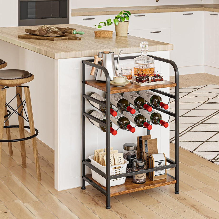 Dripex Wine Rack Free Standing Floor with Storage Shelves, 2-Tier 8 Bottles Wine Display Shelves with Wooden Table Top, Sturdy Metal Bottle Holder for Kitchen Bar Pantry (D43 x W30 x H75cm)