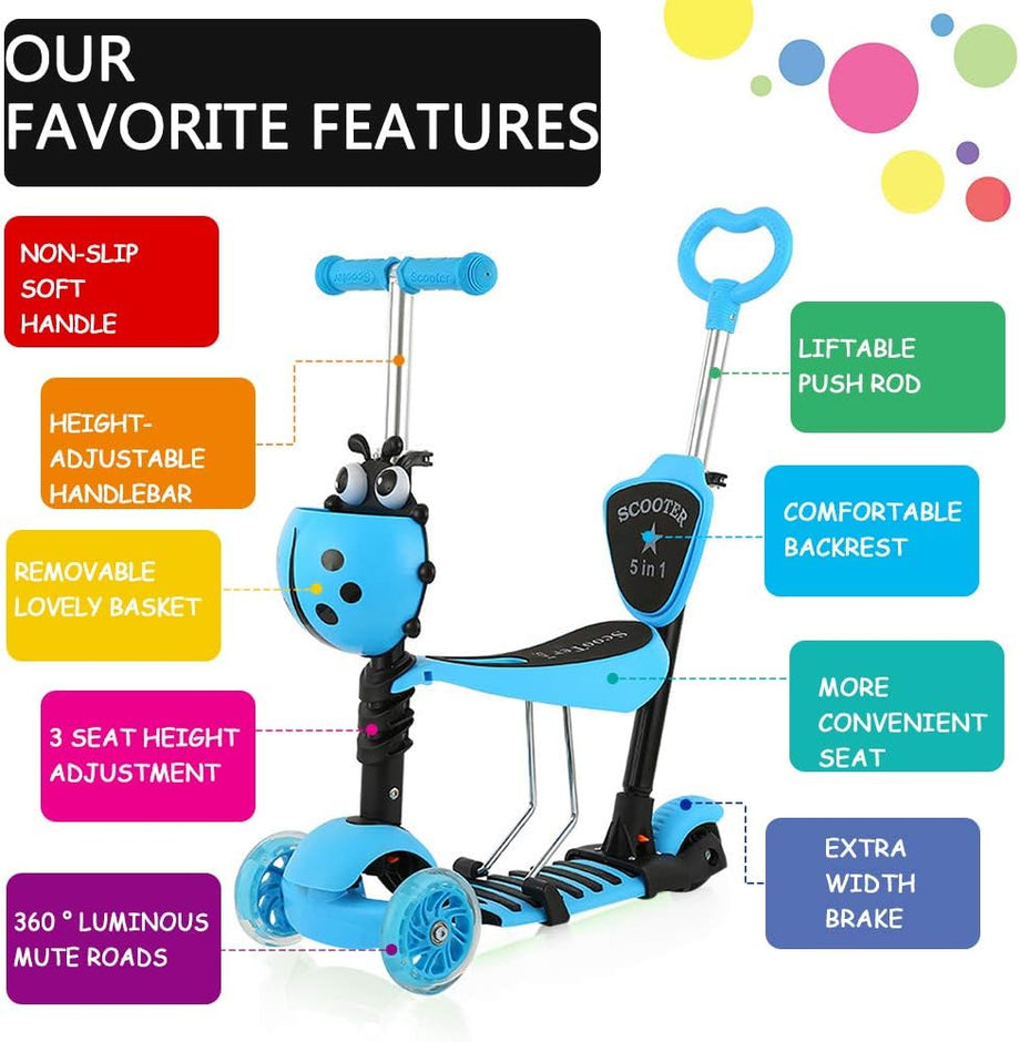 Dripex 5-in-1 Kids Scooter Toddler Scooter with Flashing Led Light Up Wheels 3 Wheels Kick Scooter with Adjustable Handlebar Removable Seat and Push Handle
