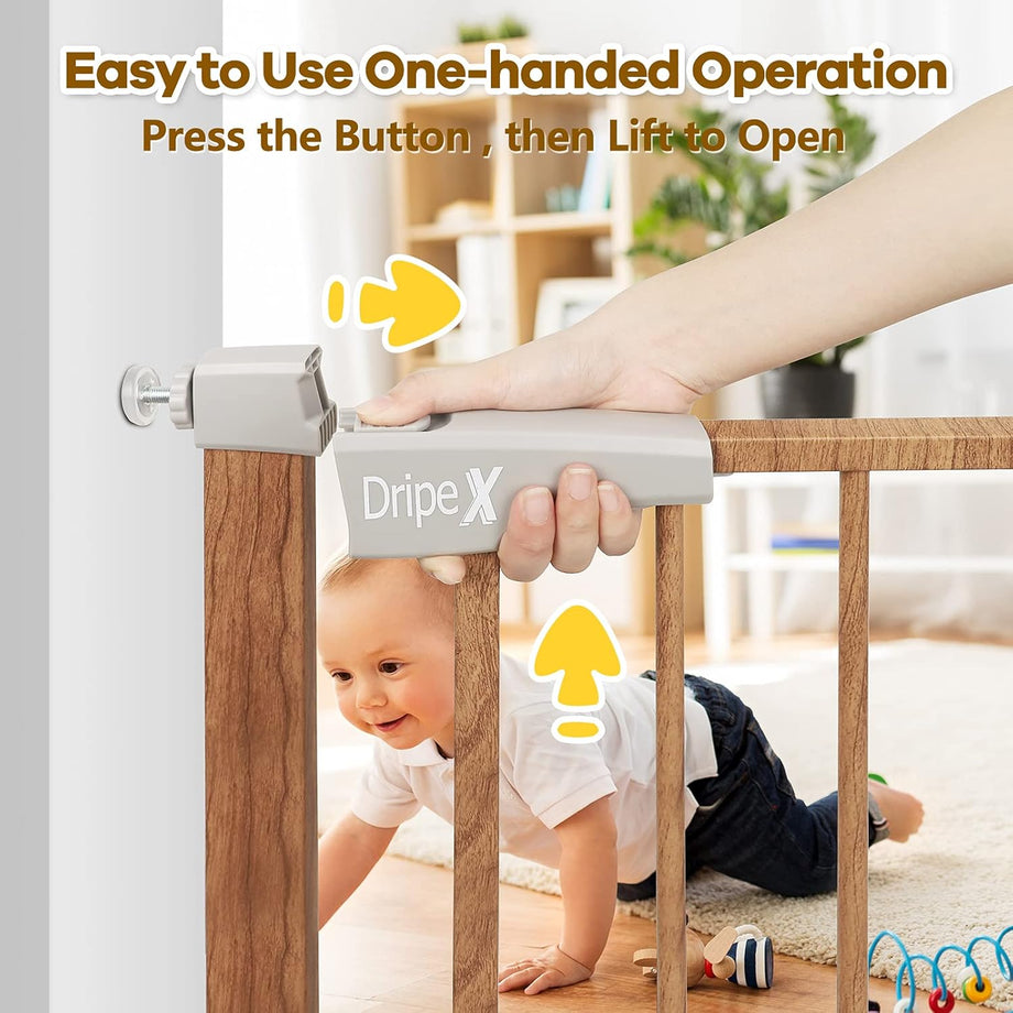 Dripex Stair Gate for Baby and Pet, Safety Pressure Fit, Metal Doors Stairs, Adjustable 75cm - 82cm, Auto Close Gate, One-Handed Operation-Wood Pattern Color