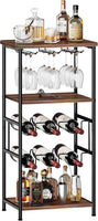 Dripex Wine Rack Free Standing Floor with Glass Holder, Storage Shelves, 2-Tier 6 Bottles Wine Display Shelves with Wooden Table Top, Sturdy Metal Bottle Holder for Kitchen Bar Pantry