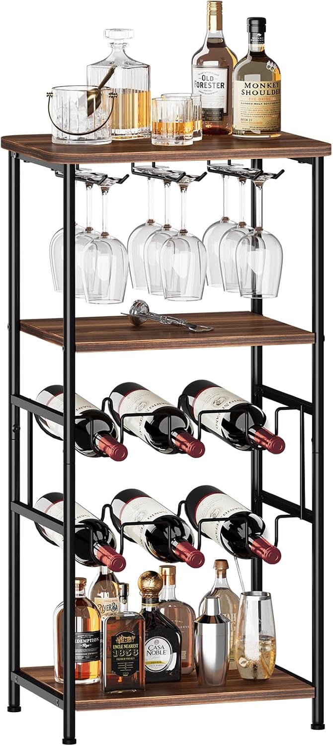 Dripex Wine Rack Free Standing Floor with Glass Holder, Storage Shelves, 2-Tier 6 Bottles Wine Display Shelves with Wooden Table Top, Sturdy Metal Bottle Holder for Kitchen Bar Pantry