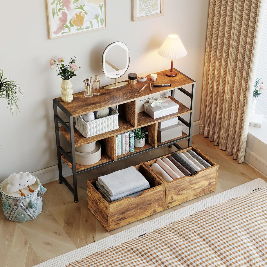 Dripex 4 Tier Wooden Rustic Brown Standing Shelves, 100D x 33W x 90H cm, 5 Compartments & 2 Drawers with Swivel Casters，Display Storage Shelf with Steel Frame, Low Bookcase for Living Room or Office