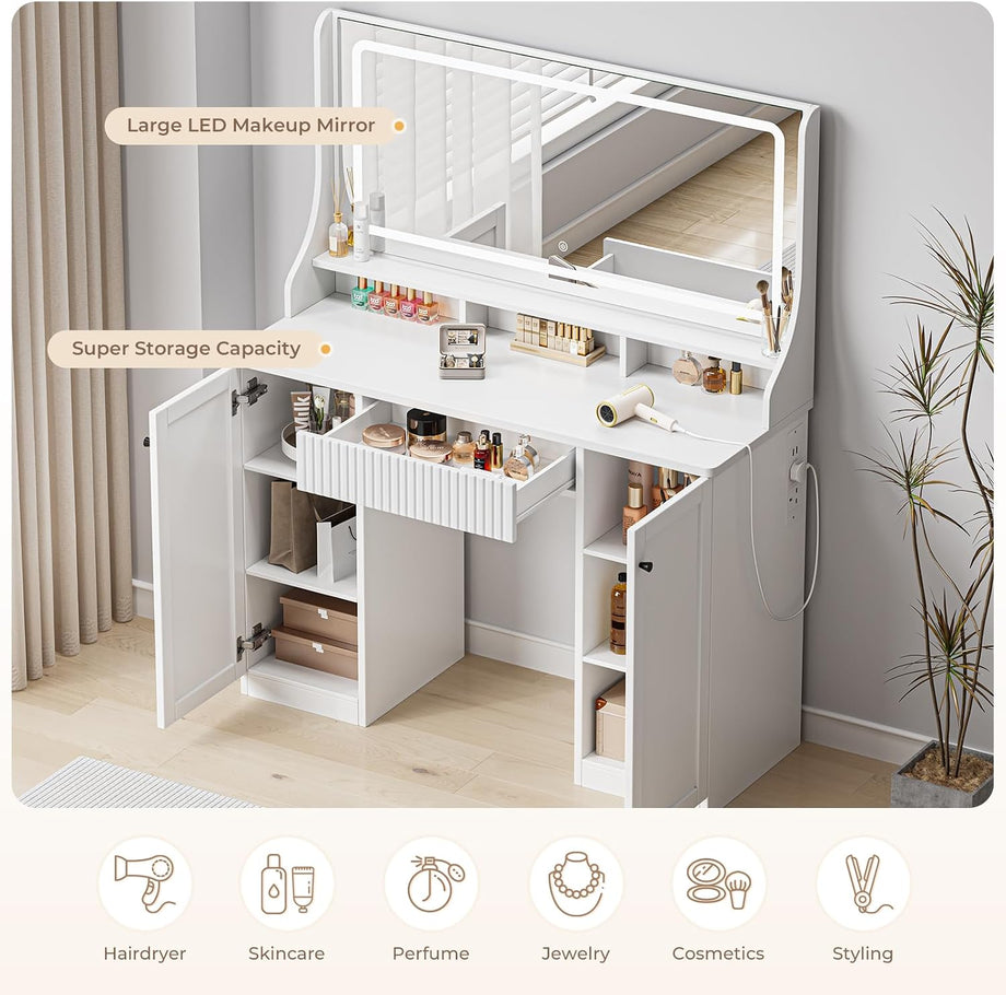 Dripex Dressing Table with Large Mirror and LED Lights, Bedroom Makeup Vanity Desk with Power Strip, 3-Color Dimmable Lights, 1 Drawer, 2 Cabinets, 3 Open Compartments, 110 x 40 x 135cm, White