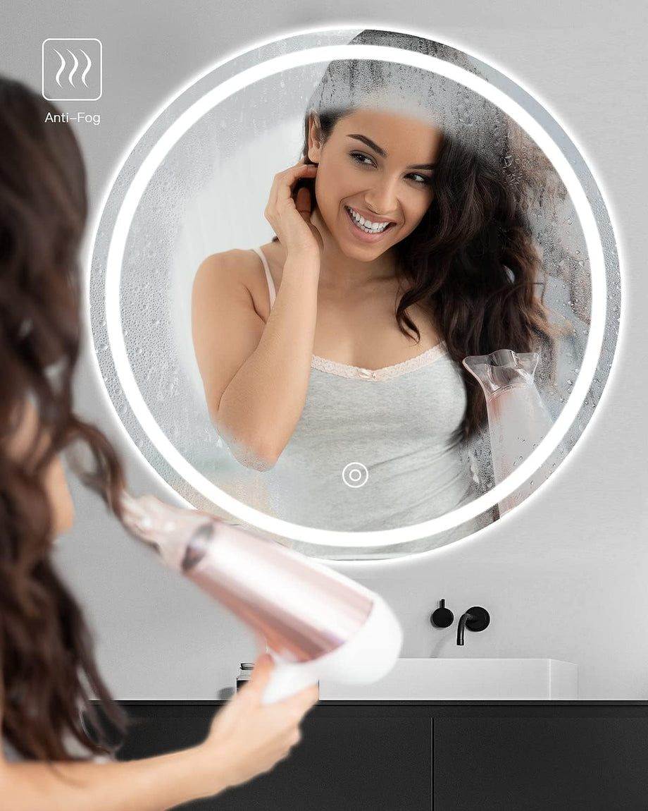 Dripex 500 mm Round Bathroom Mirror with LED Light, Wall Mounted Circle Makeup Mirror with Cold White Light, Anti-Fog, Front+Backlit, IP44