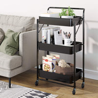 Dripex Foldable Storage Trolley Cart, 3-Tier Metal Rolling Organizer Cart with Casters, Mobile Utility Service Cart for Kitchen Bathroom Office Laundry