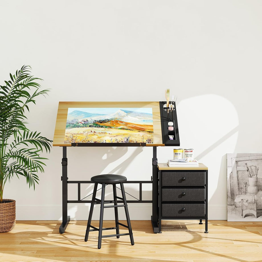 Dripex Adjustable Drafting Table, Tiltable Drawing Table with Stool, Art Craft Desk with Storage Drawers for Artwork, Computer Desk for Reading, Writing and Working at Home/Office
