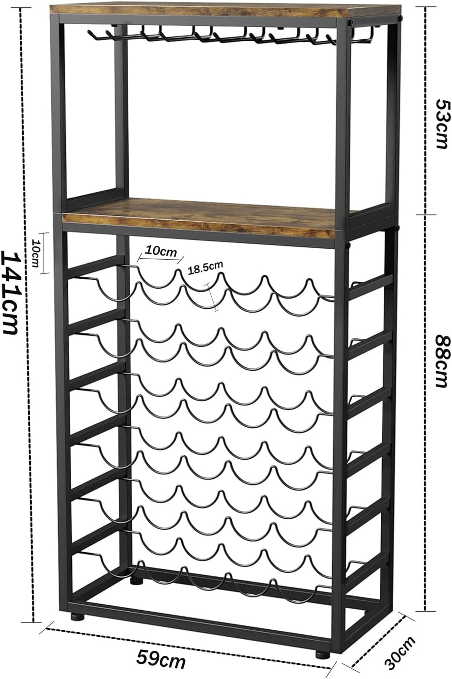 Dripex Wine Rack Free Standing Floor for Liquor and Glasses, 6-Tier Display Wine Bottles Storage Shelves with 2 Tier Wooden Shelves, Sturdy Metal Bottle Holder for Kitchen Bar Pantry