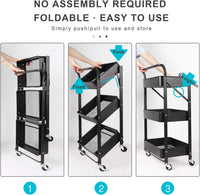Dripex Foldable Storage Trolley Cart, 3-Tier Metal Rolling Organizer Cart with Casters, Mobile Utility Service Cart for Kitchen Bathroom Office Laundry