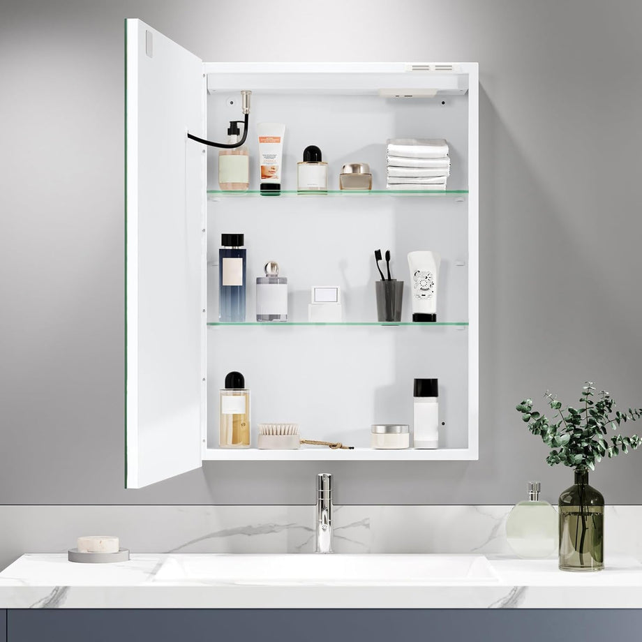 Dripex LED Bathroom Mirror Cabinet, Bathroom Mirror Cabinet with LED Lights Shaver Socket and Demister Pad, Non-contact Sensor Switch, White/Left hinge