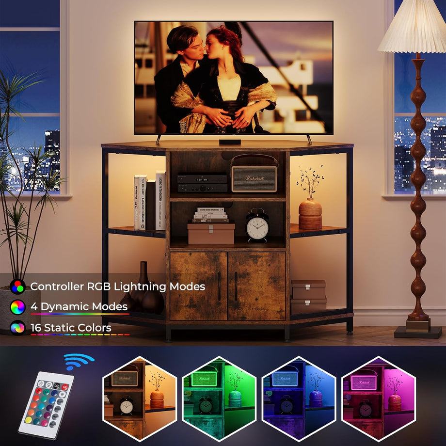 Dripex 105 x 50 x 79 cm Vintage Design TV Corner Cabinet with LED Lighting, Corner TV Unit Stand Table with 2 Doors and Shelves Entertainment Center Media Console for Living Room