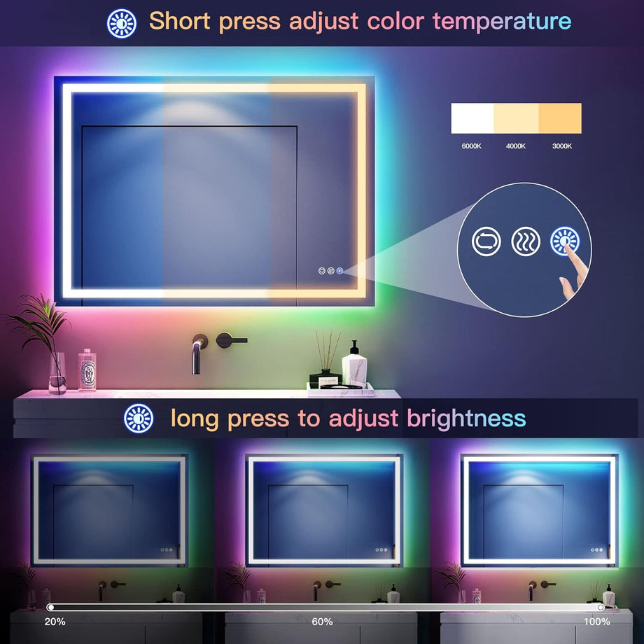 Dripex RGB Bathroom Mirror with 3 LED Lights, Illuminated Bathroom Mirrors Vanity Mirror RGB Backlit + Front Lighted, Dimmable and Demister Pad, Horizontal/Vertical