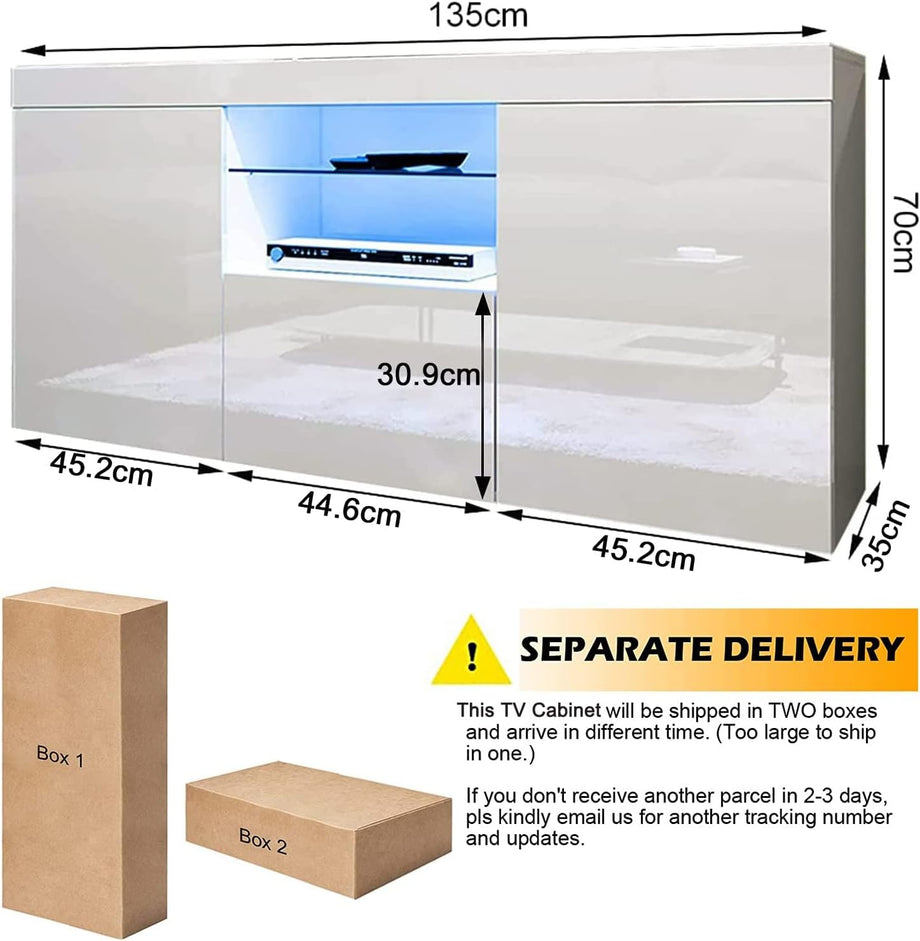 Dripex 135cm LED TV Cabinet Modern Tall TV Stand with Ambient lights Entertainment Unit Cupboard with Storage Furniture for Living Room for 22”-55” TV Entire Front High Gloss White, Home Office