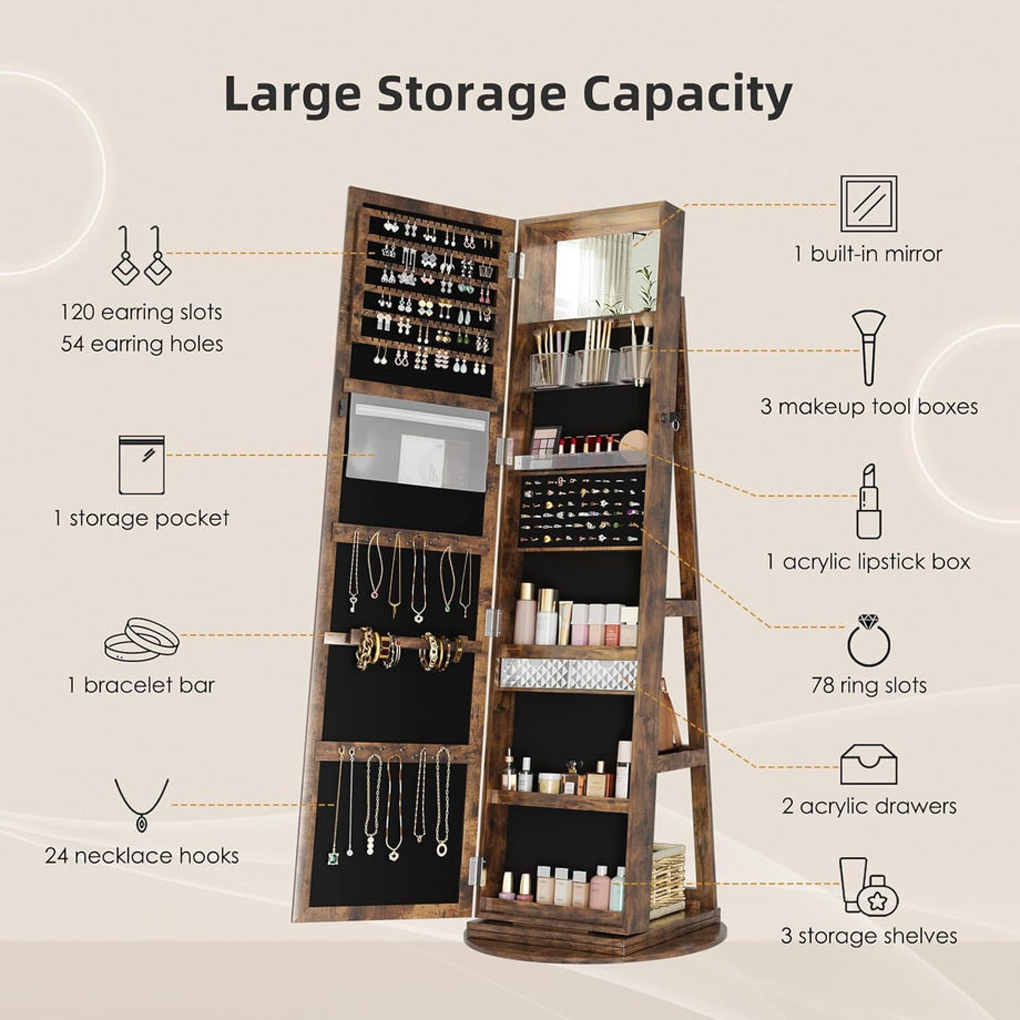 Dripex Jewelry Organiser Mirror Wardrobe, 360° Swivel Jewelry Storage, Lockable, 3 in 1 Free Standing Mirror with Storage Shelves