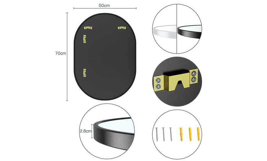 Dripex 50 x 70cm Oval Mirror, Wall Mounted Bathroom Mirror, Horizontal or Vertical Hanging Wall Mirror for Living Room
