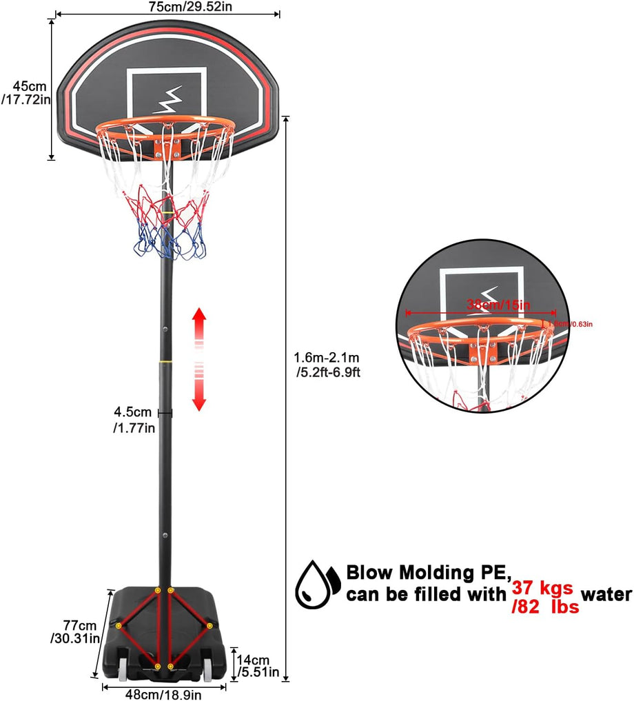Dripex Professional Basketball Hoop Height Adjustable Portable Outdoor Free Standing Basketball Stand Net Set System 1.6m-2.1m with Wheels
