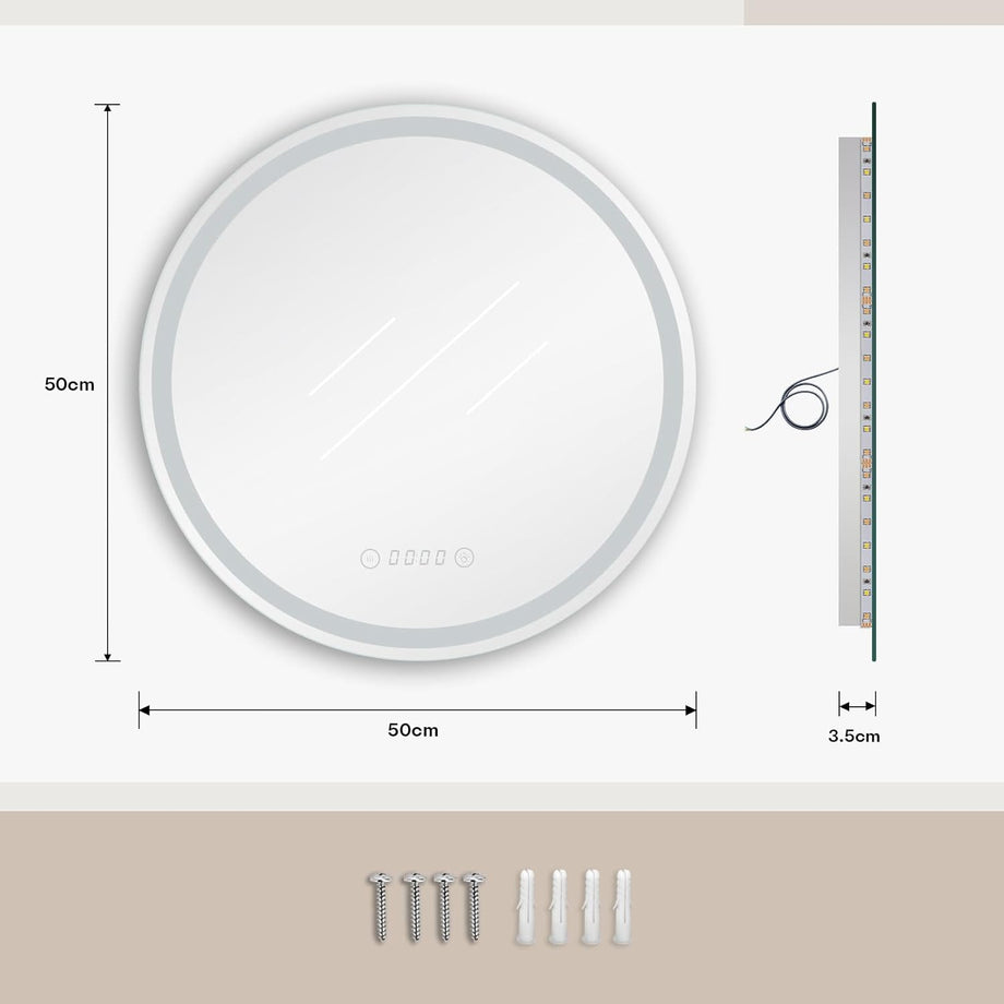 Dripex Time Display Round Bathroom LED Mirror, Illuminated Wall Mounted Circle LED Bathroom Mirror, Anti-fog, 3 Lighting Modes, Dimmable, Front+Backlit, IP4