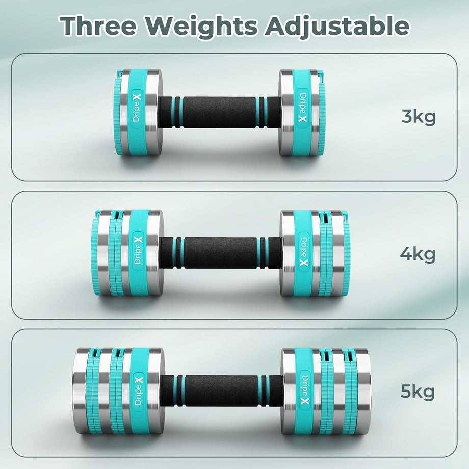Dripex Adjustable Dumbbells Weight Set 5kg 10kg Dumbbell Pair 4-in-1 | Dumbbells Set Women Men, Sold as a Pair, Non-Slip Handle, Home Gym Fitness