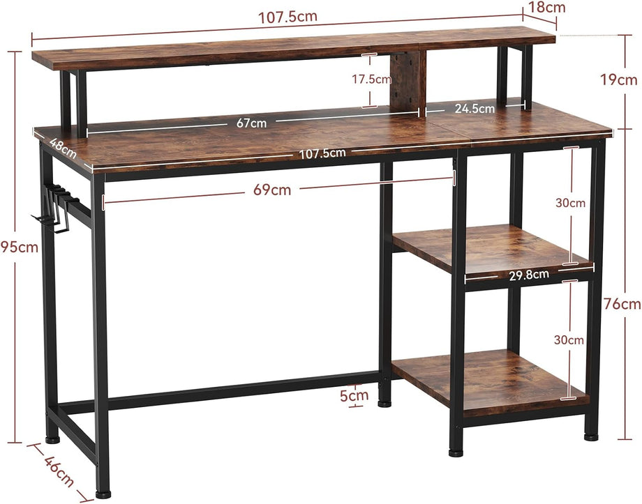 Dripex 107.5 x 48 x 95cm Computer Desk Home Office Desk with Monitor Stand & Storage Shelves Rustic Brown Work Writing Desk Gaming Table for Small Spaces