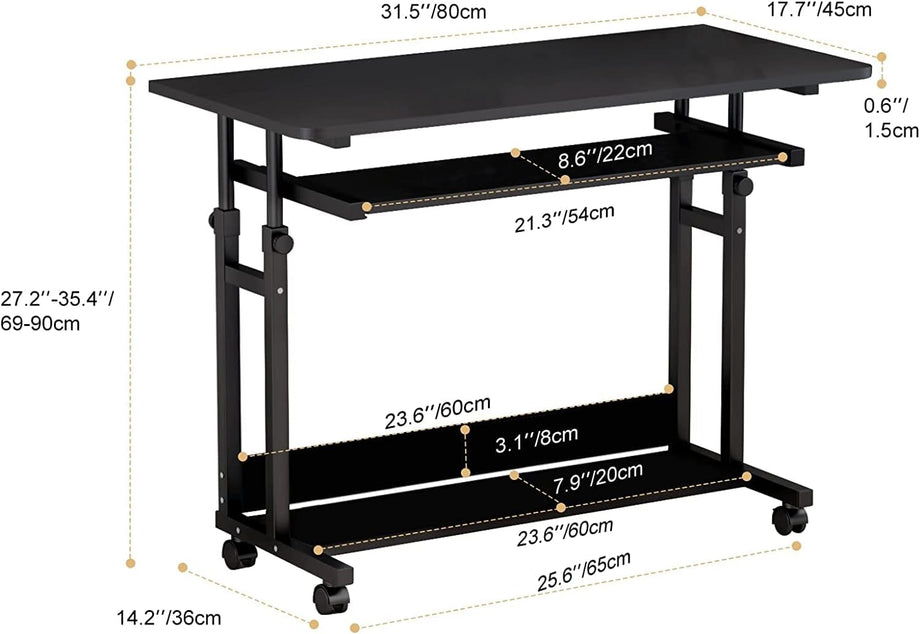 Dripex Computer Desk Mobile, Portable Office Desk with Movable Wheels, Height Adjustable Study Desk, Home Office Desk with Keyboard Tray and Shelf for Small Spaces