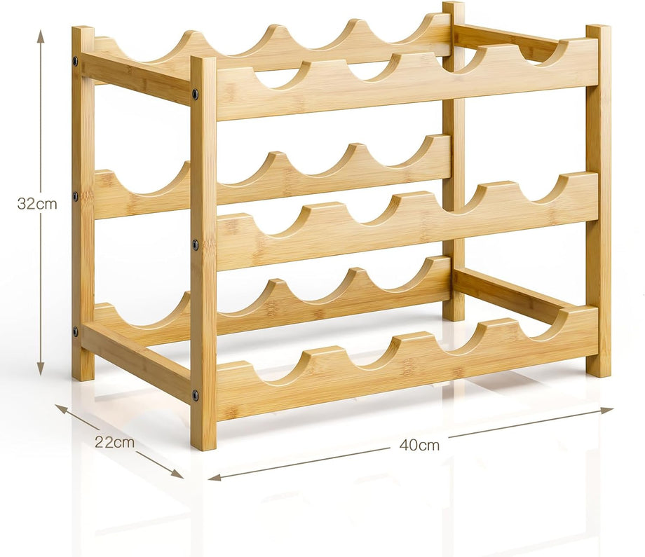 Dripex Bamboo Wine Rack, 12 Bottles Wine Holder Storage Shelf, 3-Tier Small Freestanding Bottle Wine Rack for Countertop, Kitchen, Bar, Cellar (40D x 22W x 32H cm)