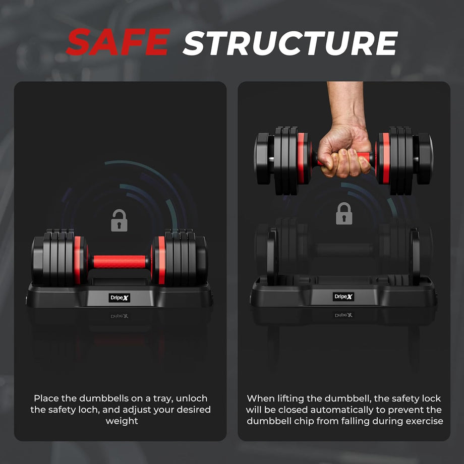 Dripex Adjustable Dumbbells 11kg/24.5kg Dumbbell Weights Pair for Men | Quick-Adjust Non-Slip Handle, Fast Weight Set for Saving Place, Home Gym Fitness Training, Safety Locking Mechanism