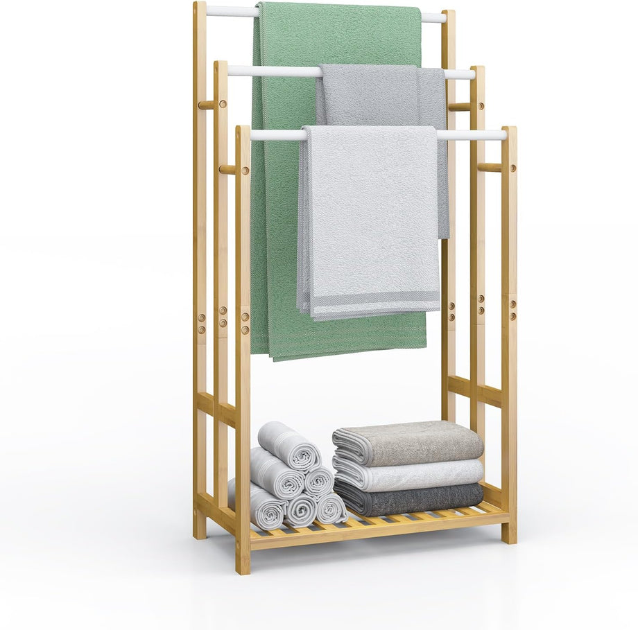 Dripex Freestanding Towel Rack, Towel Shawls Holder with Bamboo Storage Shelf, Stainless Steels Rods, Bamboo Frame, Lightweight, for Home, Bathroom (L46xW24xH66/76/86cm)/(L46xW24xH76/86/96cm)
