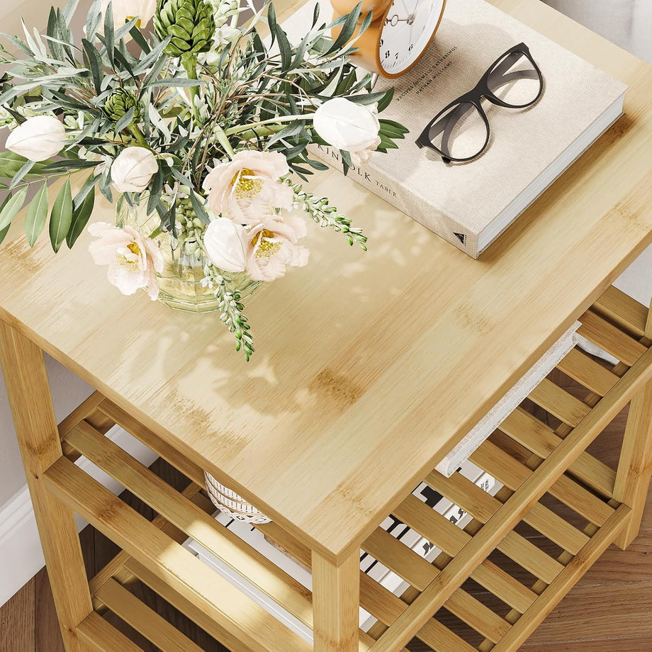 Dripex Bamboo Living Room End Table, 3-Tier Narrow Nightstand, Bedside Table, Slim Coffee Table Small Spaces, Storage Sofa Side Table for Bedroom or Office