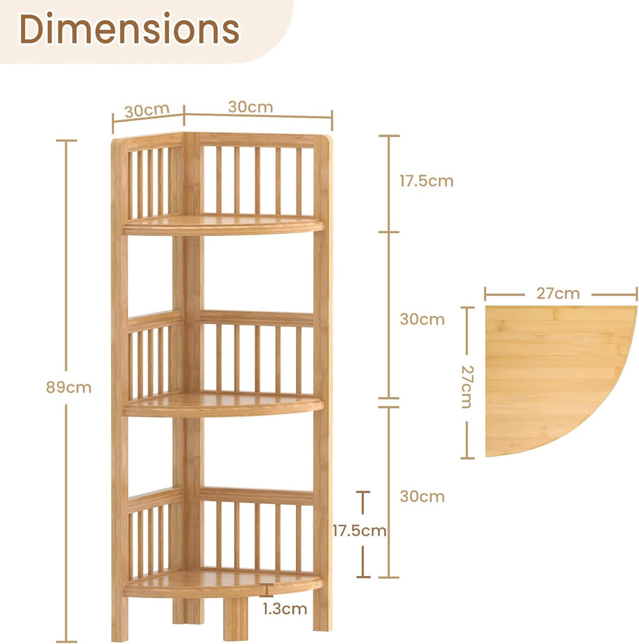 Dripex Bamboo Corner Shelf, Narrow Bookshelf for Small Space, Floor Standing Storage Display Rack for Living Room, Bedroom, Home or Office