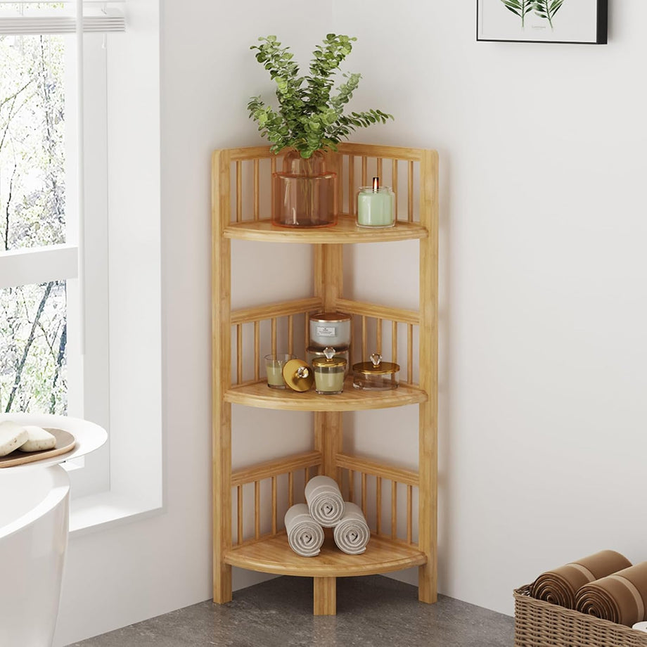 Dripex Bamboo Corner Shelf, Narrow Bookshelf for Small Space, Floor Standing Storage Display Rack for Living Room, Bedroom, Home or Office