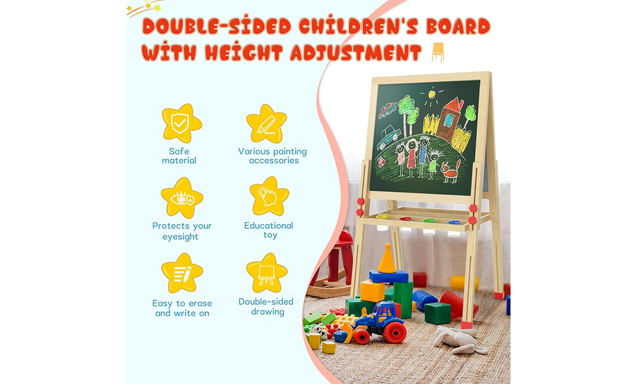 Dripex Kid’s Wooden Art Easel, Double-Sided Height Adjustable Painting Blackboard with Magnetic Accessories Chalk and Sponge