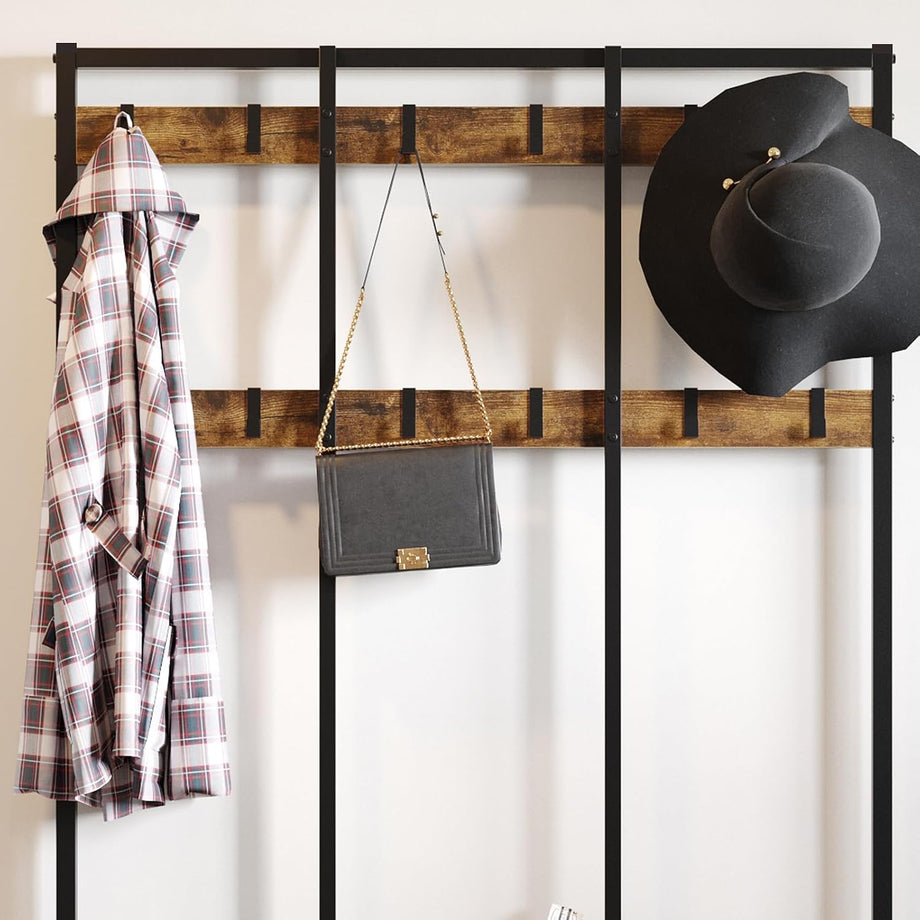 Dripex Large Coat Rack Stand Industrial Coat Stand with 12 Hooks and Shoe Bench Clothes Hat Rack Shelf Metal Frame for Bedroom Living Room Hallway