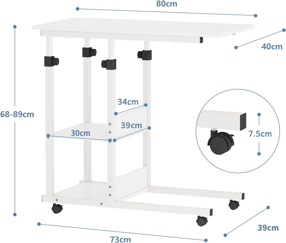 Dripex C Shaped Side Table, 80 x 40 x 68-89 cm Height Adjustable Overbed table with Wheels, Sofa Bedside Laptop Table with 2 Tiers Storage Shelves, Coffee Snack Table for Living Room, Bedroom