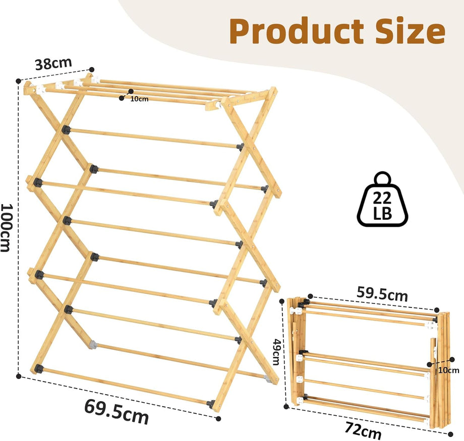 Dripex Clothes Airer, Foldable Clothes Drying Rack, Bamboo Laundry Drying Rack, Freestanding Towels Hanger, Space-Saving, Tool-Free Assembly