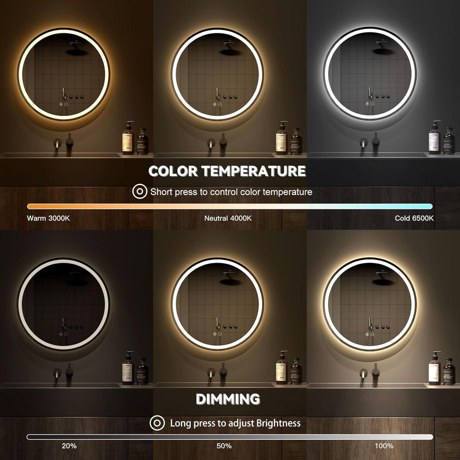 Dripex Bluetooth Round LED Bathroom Mirror, Illuminated Circle Bathroom LED Mirror with Speaker, Anti-fog, Wall Mounted, 3 Lighting Modes, Dimmable, Front+Backlit, IP44