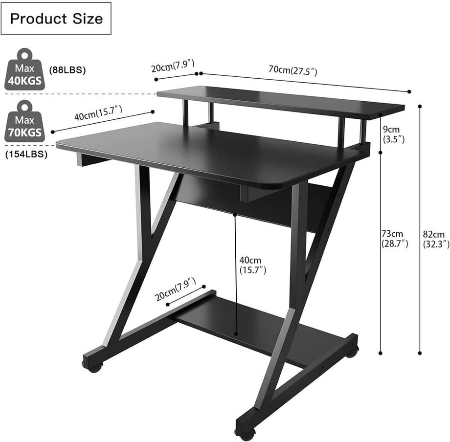 Dripex Computer Desk with Monitor Shelf - Mobile Z Shaped Home Office Desk with Storage Shelves and Movable Wheels for Small Spaces, Compact Corner Desk Space-Saving