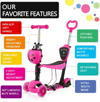 Dripex 5-in-1 Kids Scooter Toddler Scooter with Flashing Led Light Up Wheels 3 Wheels Kick Scooter with Adjustable Handlebar Removable Seat and Push Handle