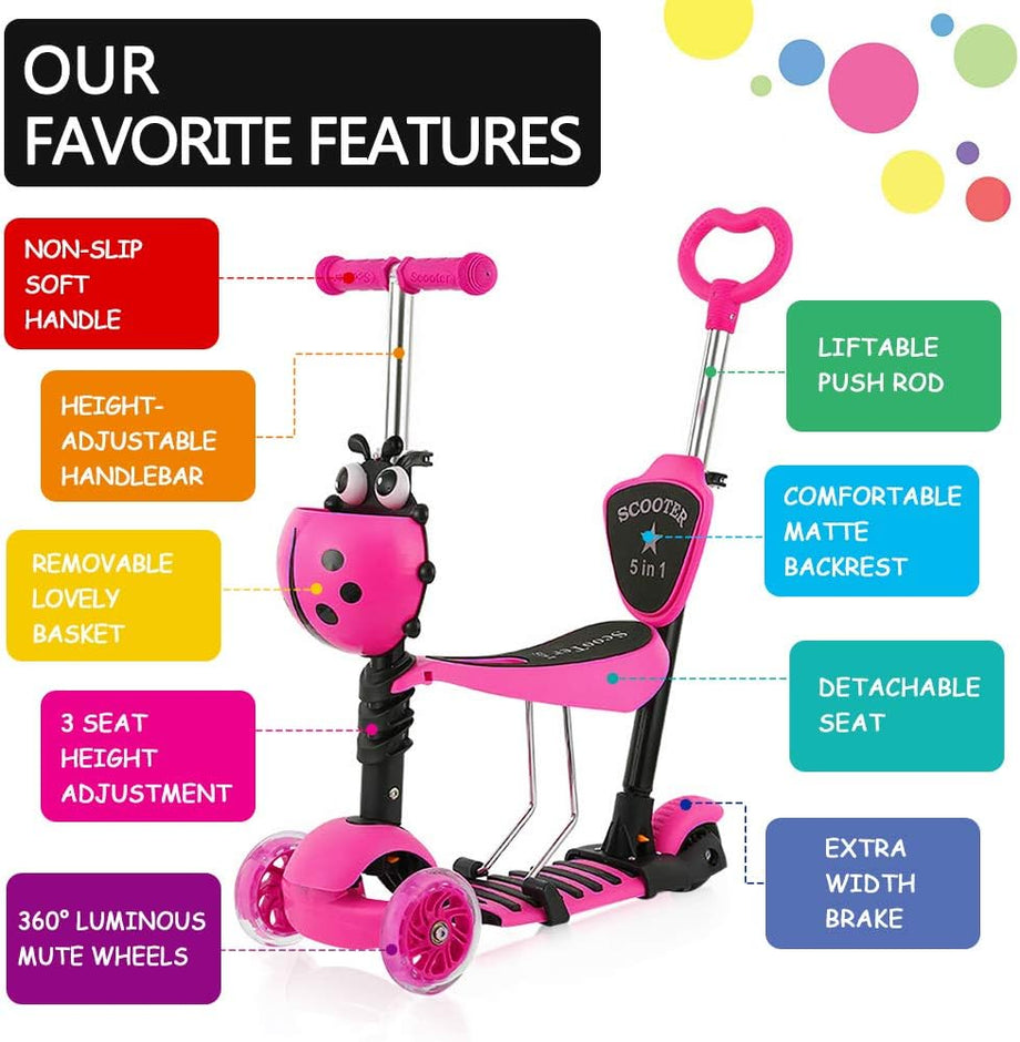 Dripex 5-in-1 Kids Scooter Toddler Scooter with Flashing Led Light Up Wheels 3 Wheels Kick Scooter with Adjustable Handlebar Removable Seat and Push Handle