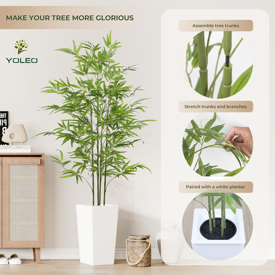 YOLEO 5FT/6FT Artificial Bamboo Tree with White Tall Planter, Lifelike Fake Silk Tree Indoor, Faux Bamboo Tall Plant for Living Room Bedroom Balcony Corner Office Deco