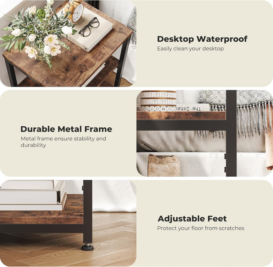 Dripex Living Room End Table, 3-Tier Wooden Narrow Nightstand, Bedside Table with Steel Frame, Slim Coffee Table Small Spaces, Storage Sofa Side Table for Bedroom or Office