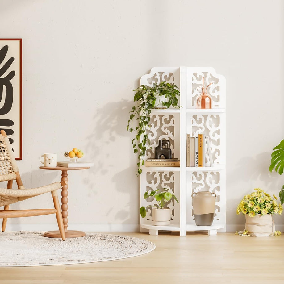 Dripex 3 Tier/4 Tier Baroque White Corner Shelf, Narrow Bathroom Shelves for Small Space, Floor Standing Storage Display Rack for Living Room, Bedroom or Home