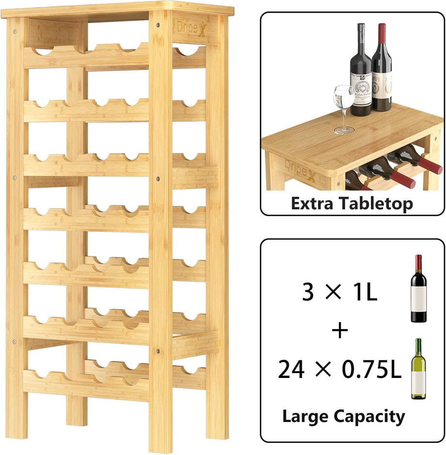 Dripex 7-Tier Bamboo Wine Rack Free Standing, 27 Bottles Wine Holder Display Storage Shelves with Table Top for Home, Kitchen, Pantry 47D x 29W x 102Hcm