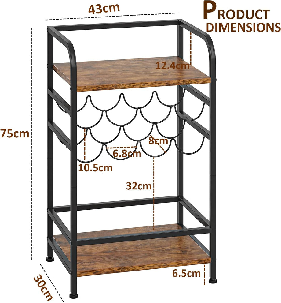 Dripex Wine Rack Free Standing Floor with Storage Shelves, 2-Tier 8 Bottles Wine Display Shelves with Wooden Table Top, Sturdy Metal Bottle Holder for Kitchen Bar Pantry (D43 x W30 x H75cm)