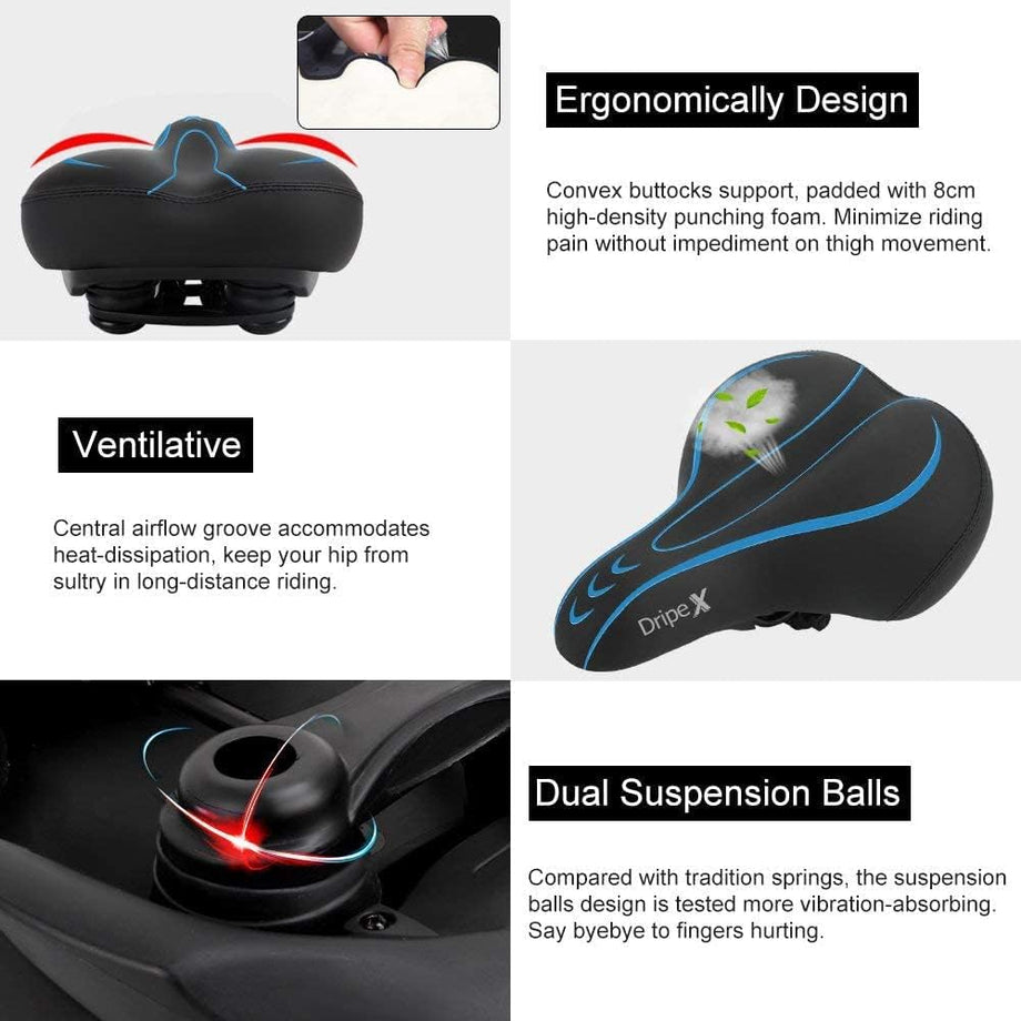 Dripex Gel Bike Seat - Comfort Universal Cycle Saddle Wide Cushion Pad Waterproof for Women & Men - Fits MTB/Road/Spinning Bikes