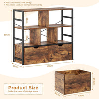 Dripex 4 Tier Wooden Rustic Brown Standing Shelves, 100D x 33W x 90H cm, 5 Compartments & 2 Drawers with Swivel Casters，Display Storage Shelf with Steel Frame, Low Bookcase for Living Room or Office