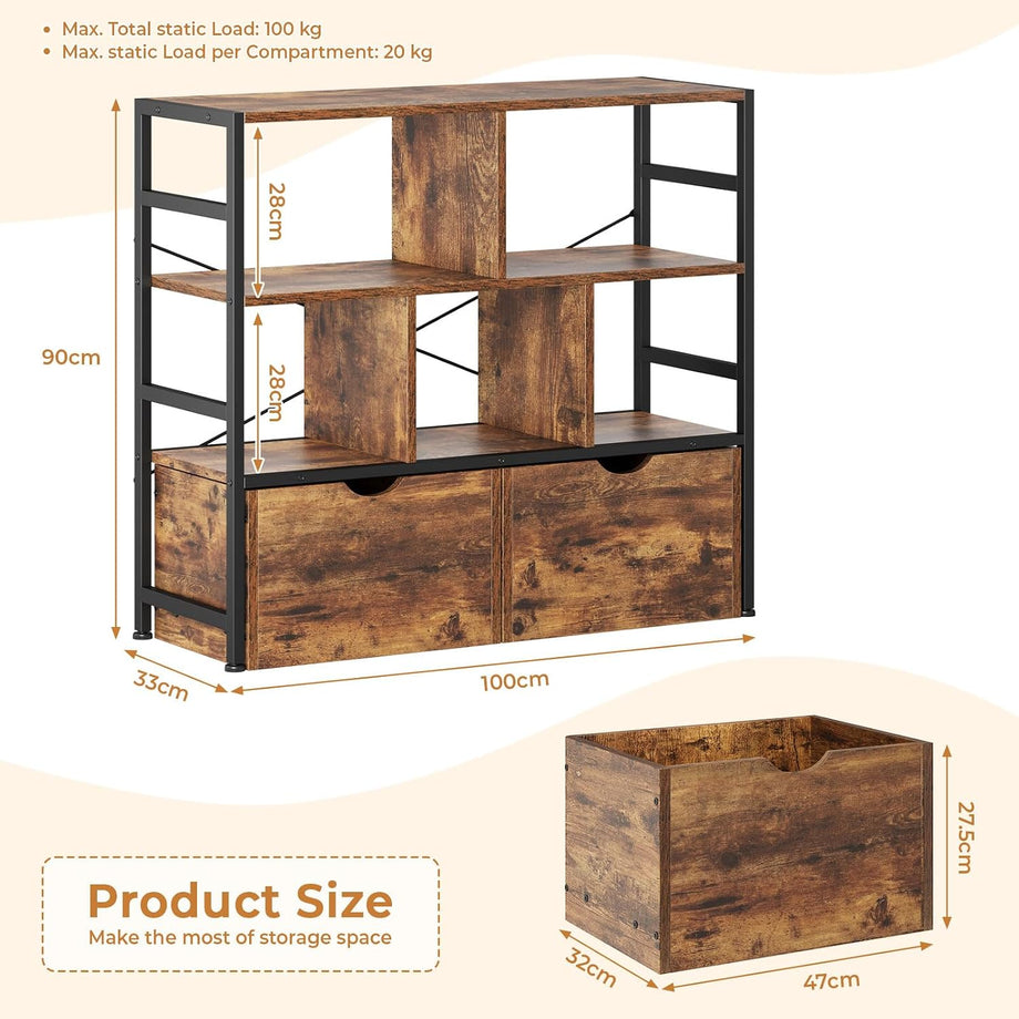 Dripex 4 Tier Wooden Rustic Brown Standing Shelves, 100D x 33W x 90H cm, 5 Compartments & 2 Drawers with Swivel Casters，Display Storage Shelf with Steel Frame, Low Bookcase for Living Room or Office