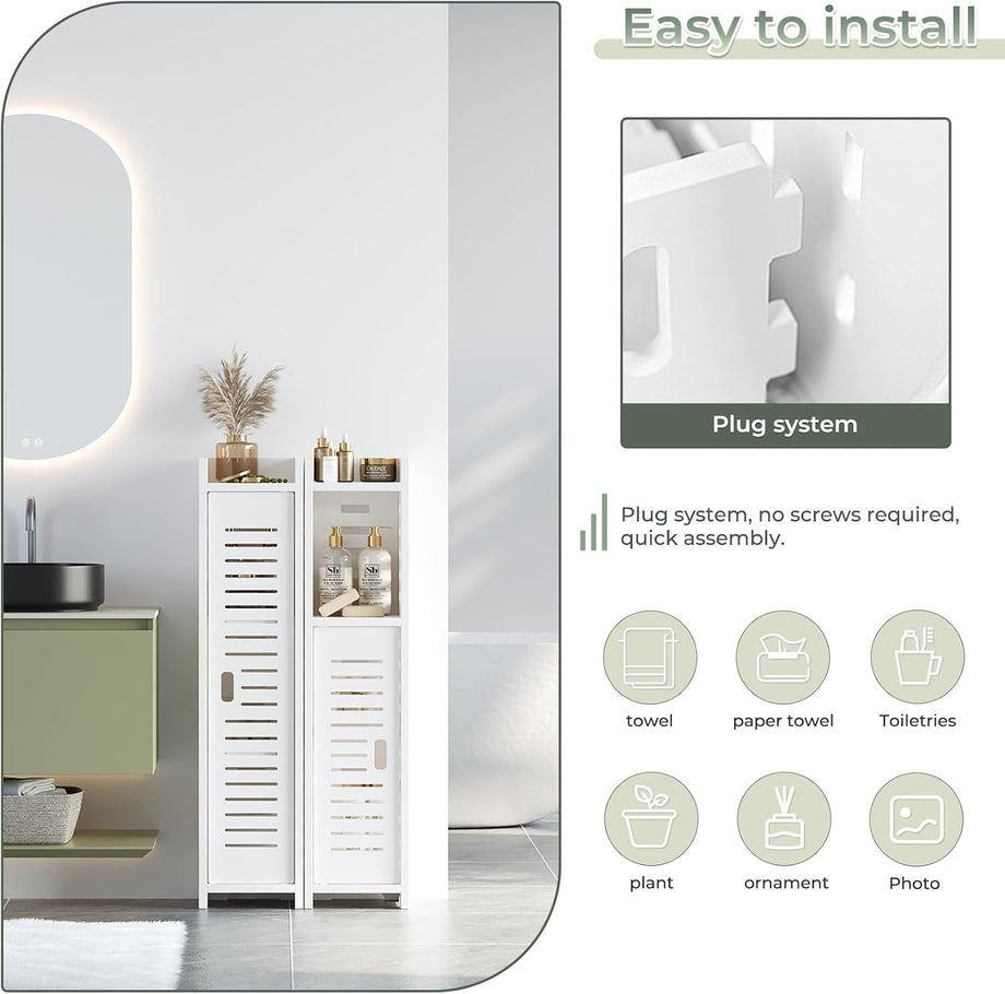 Dripex 4 Tier Bathroom Floor Cabinet, 18W x 20D x 80H cm, Slim White Storage Cabinet with Door, Narrow Free Standing Cupboards Adjustable Shelves for Bathroom or Bedroom