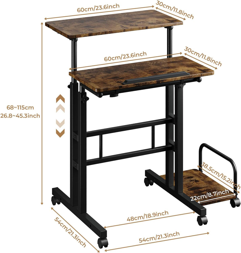 Dripex Standing Desk, Height Adjustable Rolling Desk with Tilting Table Top, Sit-Stand Workstation with Wheels, 60 x 60 cm, laptop Table, Workstation for Home and Office